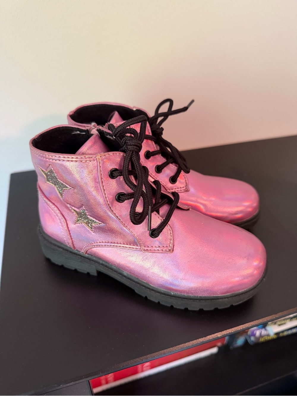 Blowfish Malibu Kids - size 12 Pink Holographic Lace-Up Boots with Star Accent